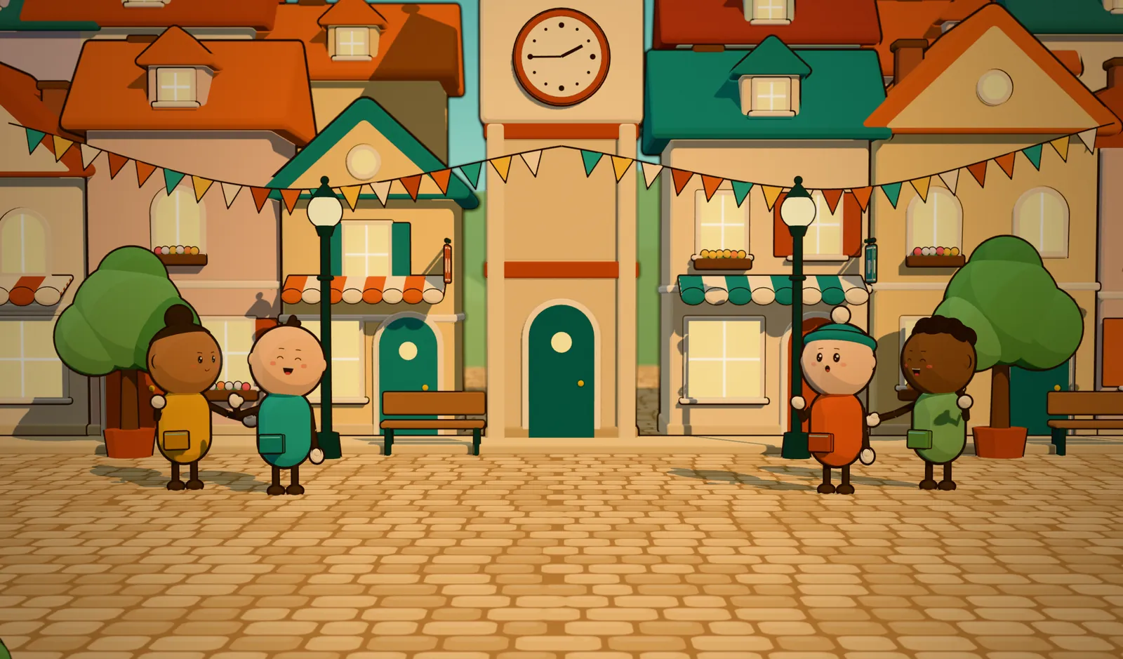 The Noggleton town square at golden hour: rounded houses, a clock tower, lamp posts and four big-headed townsfolk saying hello.