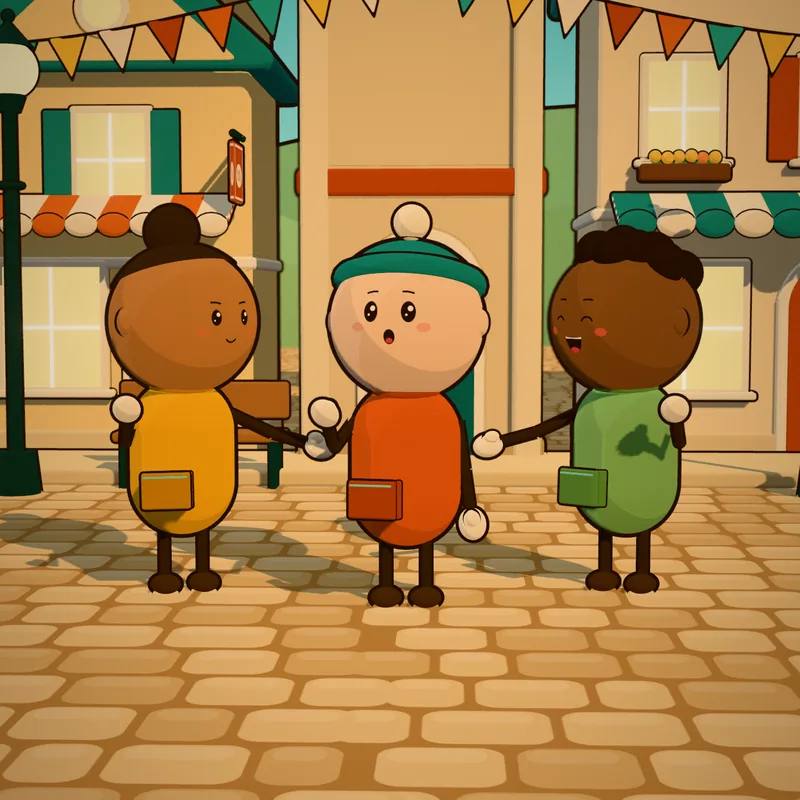 Three more townsfolk in mustard, orange and green, chatting in the square.