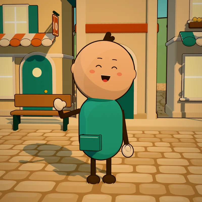 You: a big round head, a teal bean-shaped body and cream mittens, waving hello.